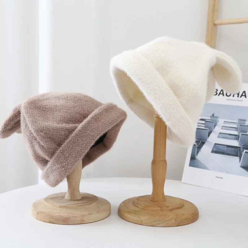 

Cute Rabbit Ears Woolen Hat Female Plush Autumn and Winter Knitted Hat Warm Net Red Cold Hat Cap for Women