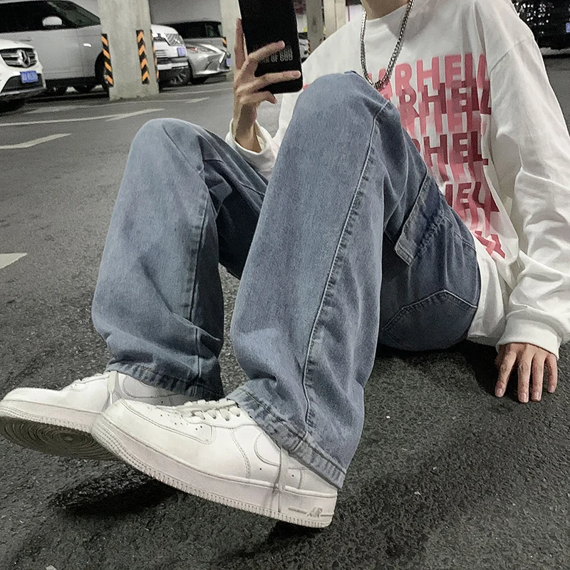 Drawstring Cargo Jeans Men Fashion Retro Pocket Jeans Men Japanese Streetwear Hip Hop Straight Denim Pants Mens Trousers M-3XL