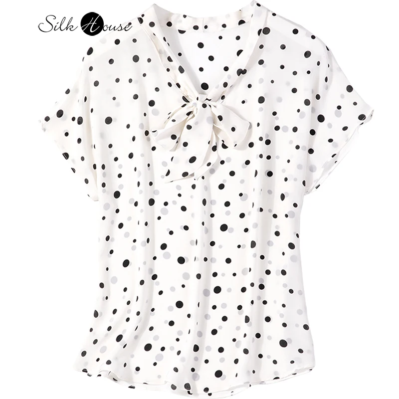 

French Retro Polka Dot Short Sleeved Silk Shirt Women's Summer New Mulberry Silk Bow Ribbon Loose and Versatile Top