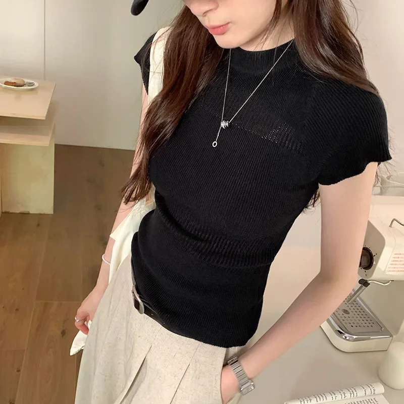 Высококачественный утягивающий вязаный топ с короткими рукавами женские летние
