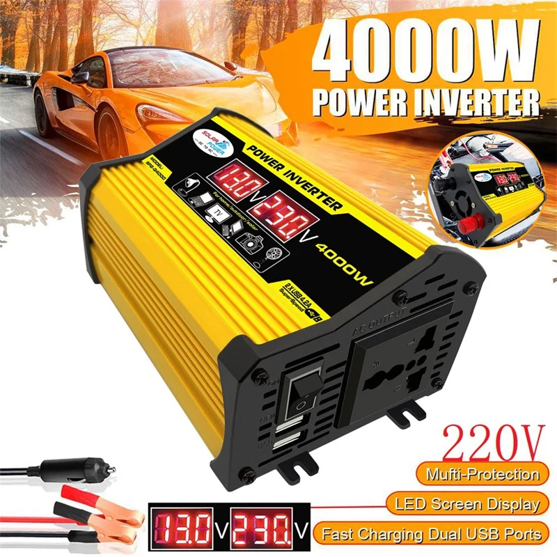 

4000W Car Inverter LED Display Multifunction 2 USB Power Converter Charger Adapter