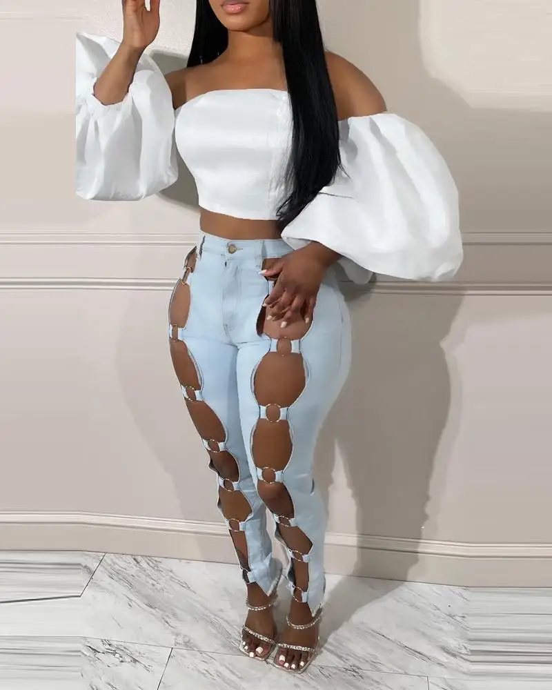 

Женские узкие джинсы-карандаш, декорированные уплотнительными кольцами, с вырезами, пикантные брюки до щиколотки с высокой талией, весна-лето