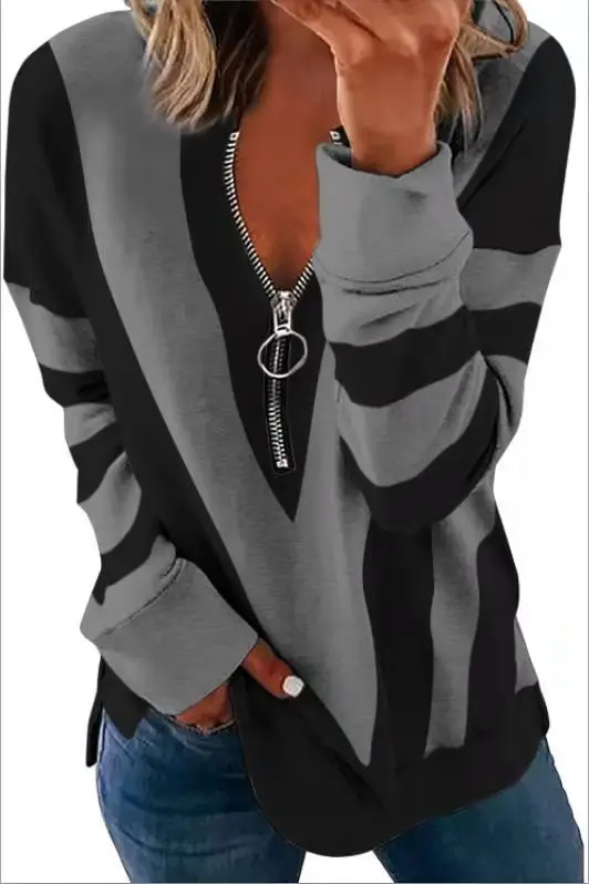 

2021 new fashion women's tops temperament chest zipper V-stripe printing long-sleeved T-shirt Black