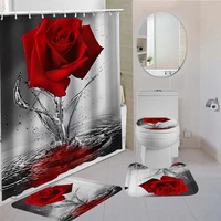 rose flower shower curtain set non slip rugs bath mat toilet lid cover and 12 hooks waterproof polyester bathroom decor