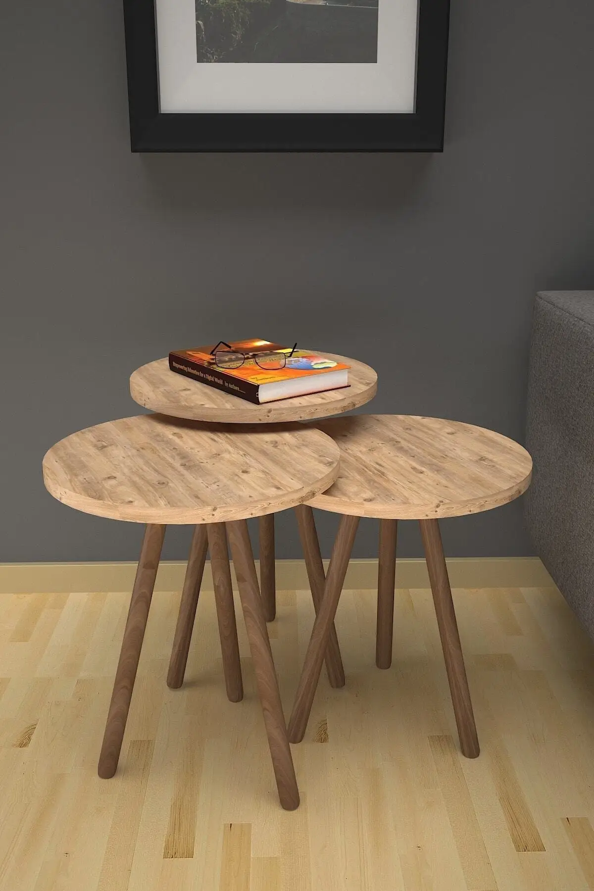 

Zigon Coffee Table Wood Pedestal Pine Model 3'lü Round Table 1. Grade Wood Material