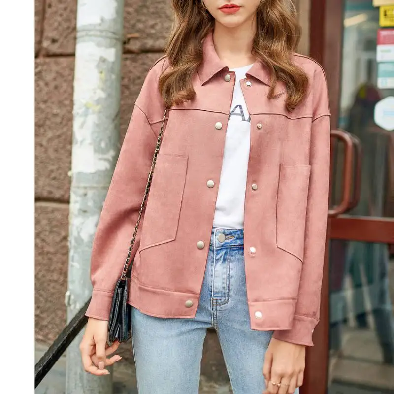 

Vintage Faux Suede Jacket Women Turn Down Collar Basic Cargo Jackets Female Tops Autumn Solid Button Pocket Casual Loose Outwear