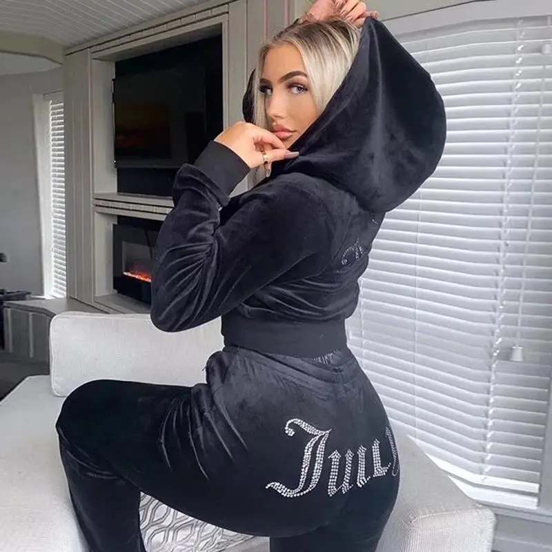 

Fall Juicy Coutoure Tracksuit Women's Brand Velour Tracksuit Suit Women Velvet Juicy Sweatshirt and Pants with Diamonds