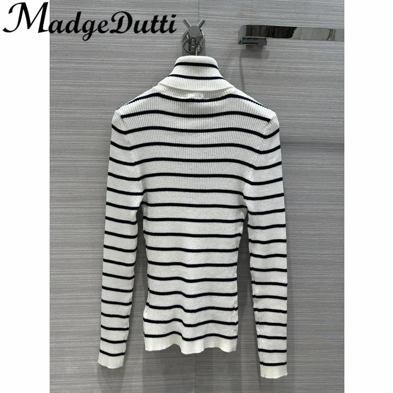 

2.8 MadgeDutti Black White Striped Stretch Slim Turtleneck Sweater Wool Knitwear Top Women