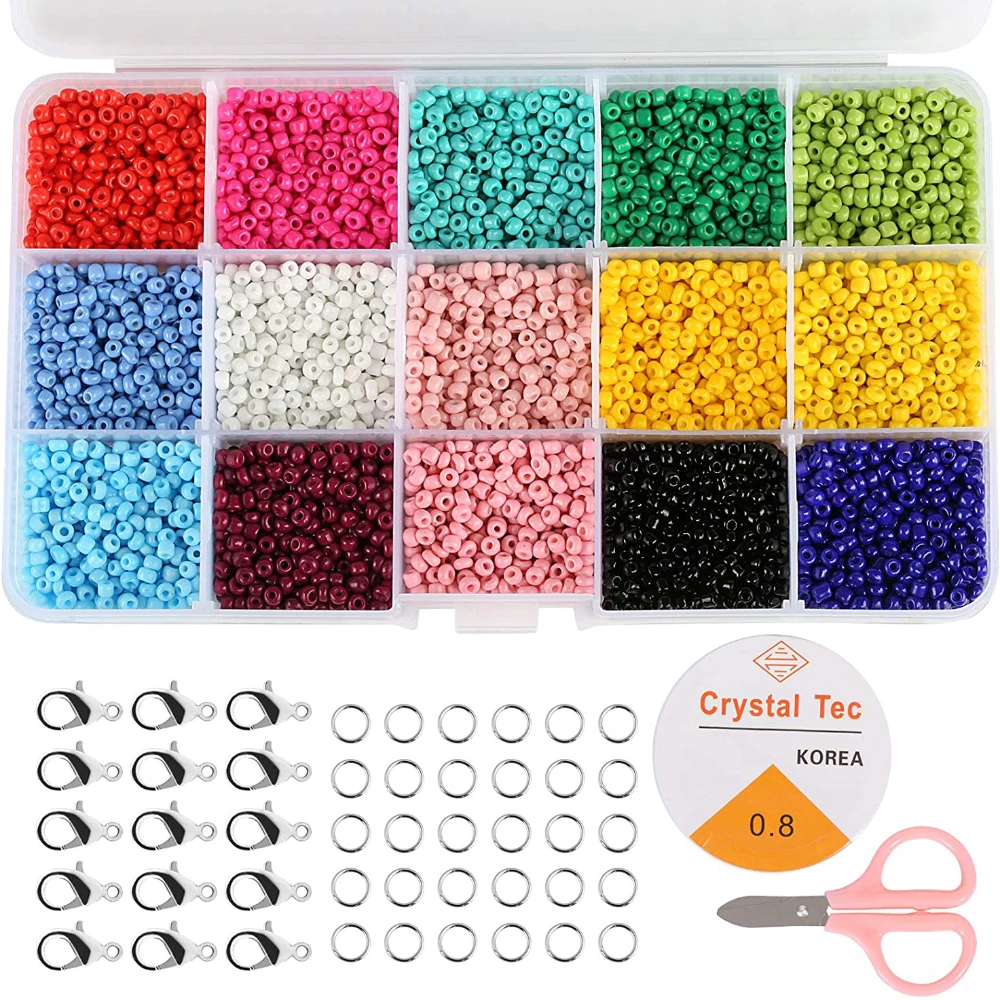 

3mm 15colors Glass Seed Beads Box Set Lobster Clasps Open Jump Rings Elastic Crystal String Kit for Jewelry Making DIY Bracelet