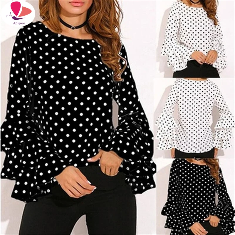 

Women Polka Dot Blusas Shirts Spring Fashion O Neck Long Sleeve Blouse Femininas Casual Tops 4XL 5XL Shirt