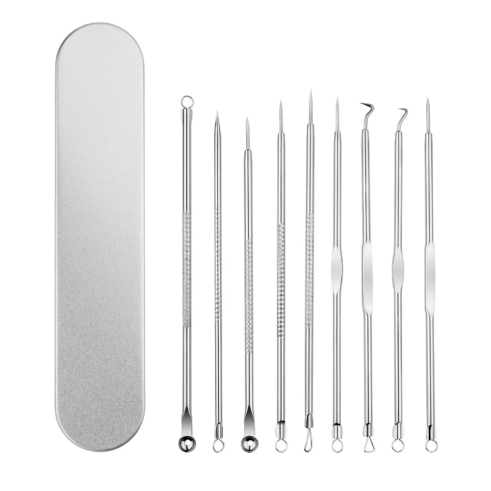 

9pcs Stainless Steel Blackhead Comedones Acne Blemish Extractor with Iron Box Anti-skid Durable Acne Needle Tweezers Remover for