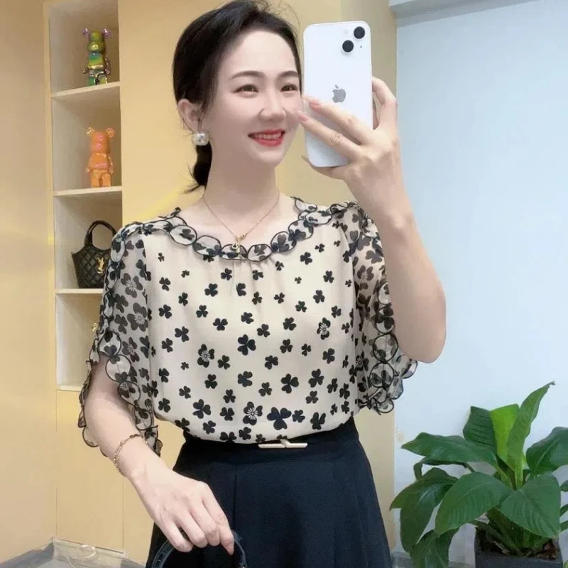 2024 новая летняя корейская модная шифоновая свободная рубашка с короткими