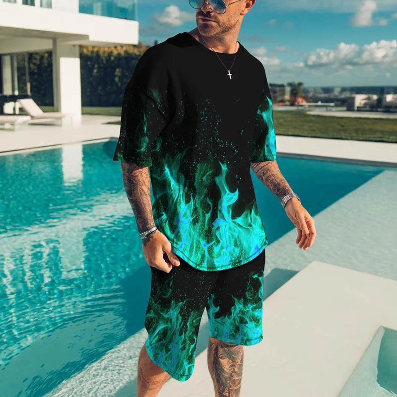 

Summer 3D Print Flame Tracksuit Outfits Set For Men Casual Jogging T-Shirt+Shorts Suits Fashion Sportswear Oversized Streetwear