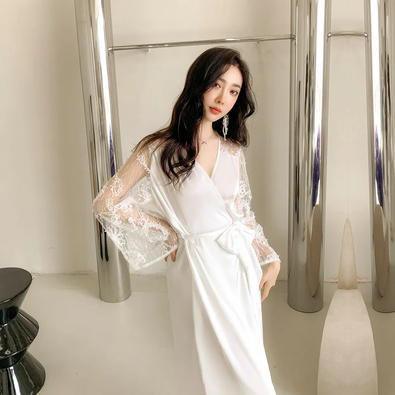 Pajamas Women's Summer Cool Ice Silk Pajamas Palace Style Lace Long Xianqi Morning Robe Home Fury