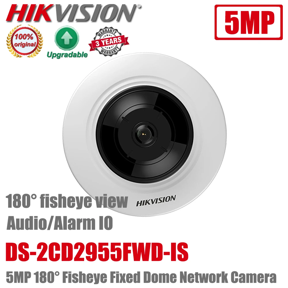 

Original Hikvision DS-2CD2955FWD-IS 5MP H.265+ IR POE 180° Fisheye View Fixed Dome Network Camera Audio Alarm I/O
