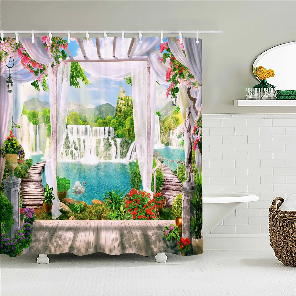 

Flowers Scenery Shower Curtains Bath Curtain Waterproof Bathroom Home Decor Washable Fabric Bathroom Screens
