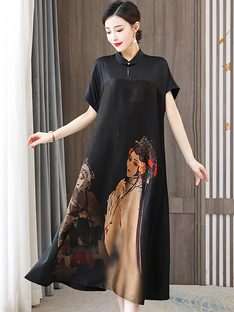 

Женское винтажное шелковое платье с рукавами, свободное короткое черное платье средней длины с принтом в стиле Хепберн, модель 2023 в Корейском стиле на лето