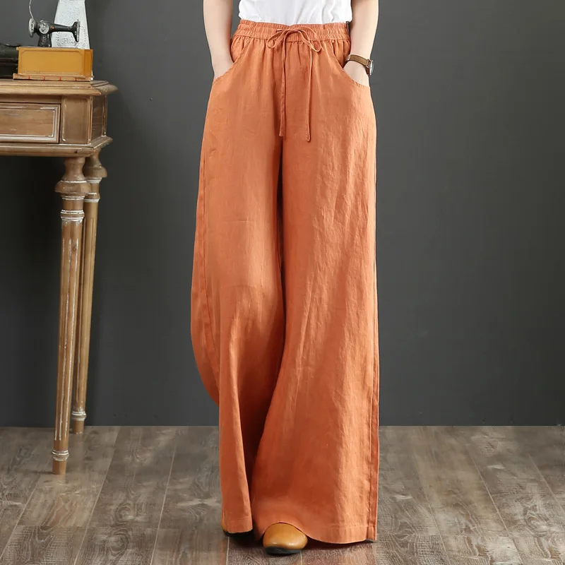 

2023 Spring New Linen Loose Casual Wide Leg Trousers Elastic-waisted Floor-length Straight-leg Pants Streetwear Oversize Pants