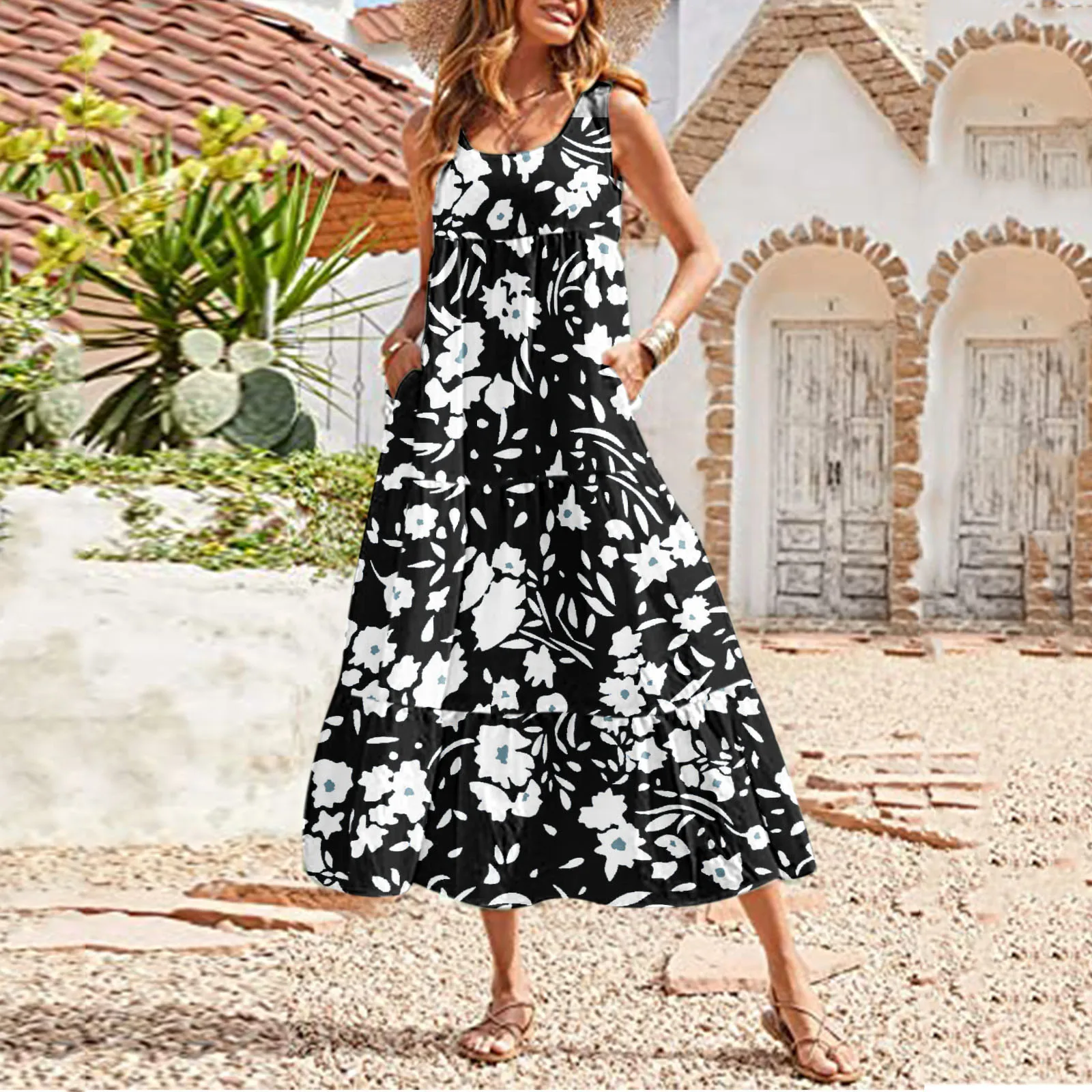 

Floral Sleeveless Women Summer Dress Flower Printed O-Neck Casual Dresses Loose Soft Swing Beach Maxi Tank Dress With Pockets