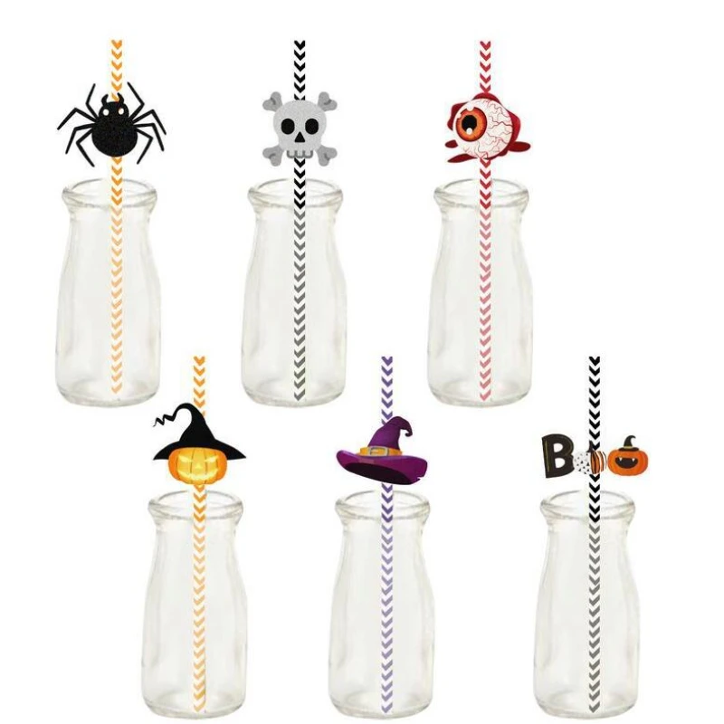 

24 Pcs Halloween Horror Straw Pumpkin Bat Spider Web Skeleton Pattern Disposable Drinking Paper Straws Halloween Party Decoratio