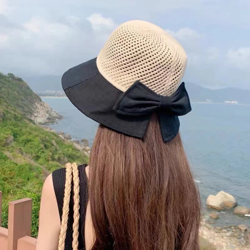 

Women's Sun Hat Bucket Hats Spring Summer and Autumn Breathable Hollow Stitching Foldable Hat Outdoor Beach Bow Hats