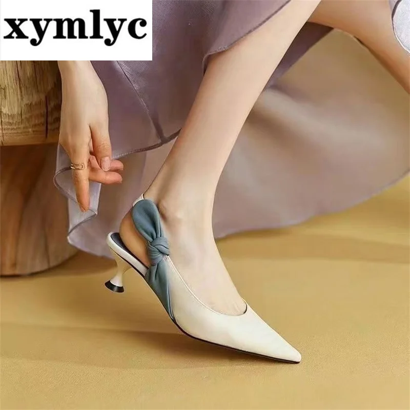 

Temperament pointed toe high heels 2022 summer new soft sheepskin shallow mouth bow word with stiletto sandals women