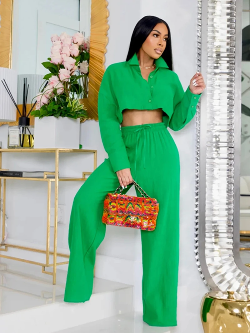 

Cotton Linen Tracksuit Women Two 2 Piece Set Outfits Autumn Clothing Solid Mini Shirt Crop Top and Wide Leg Pants Suit Woman Set