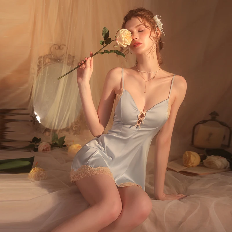 Women's Pajamas Sexy Deep V Bow Sweet Pajamas Backless Sexy Suspenders Nightdress Robe Home Clothes Nightie Female Nightgown