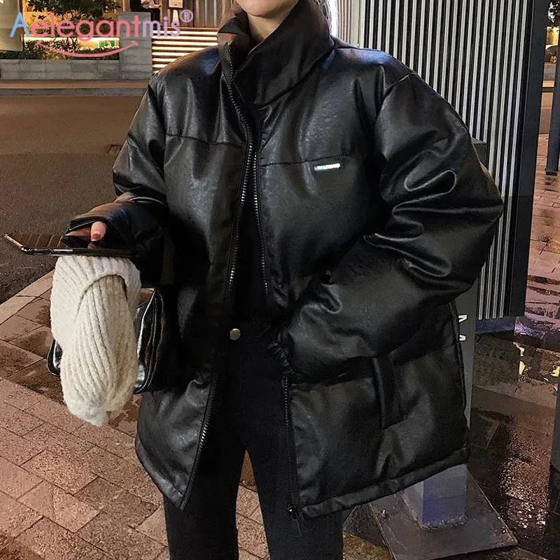 

Faux Leather Jacket Women's Down Parka Coat Black Bright Color Thick Warmth Korean Winter and Autumn Pu Coat Women's Jacket