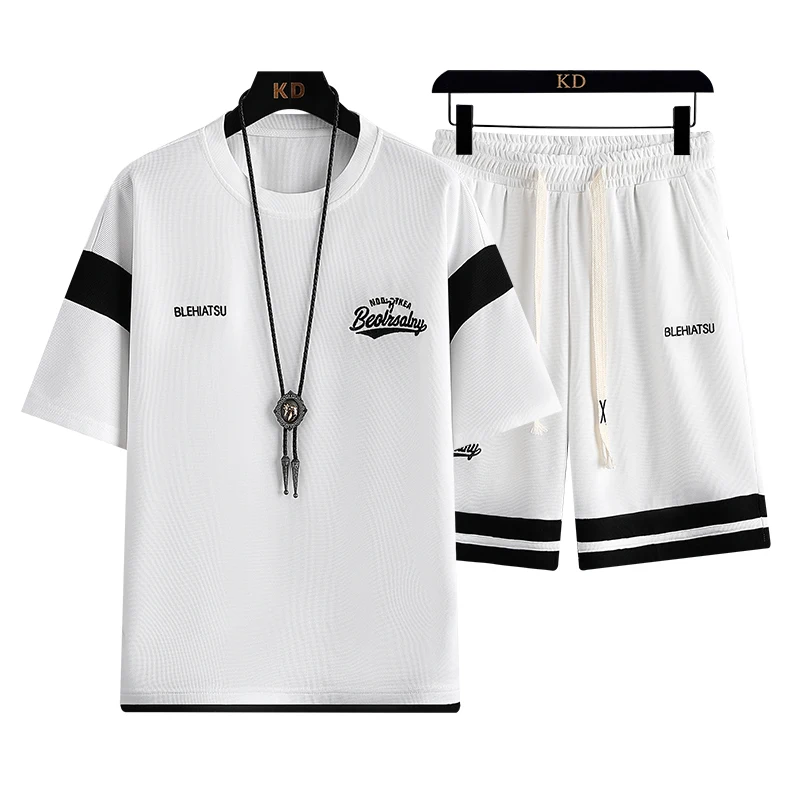 Waffle Shorts Suit Men's Summer Ice Silk Short Sleeve Men's Suit with Handsome Fashion Brand Casual Sportswear