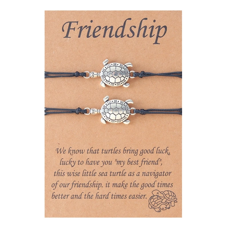 

2 Pcs/set Little Turtle Woven Friendship Wristband Handmade Bracelets with Card Adjustable Wrist Chain for Women Girls