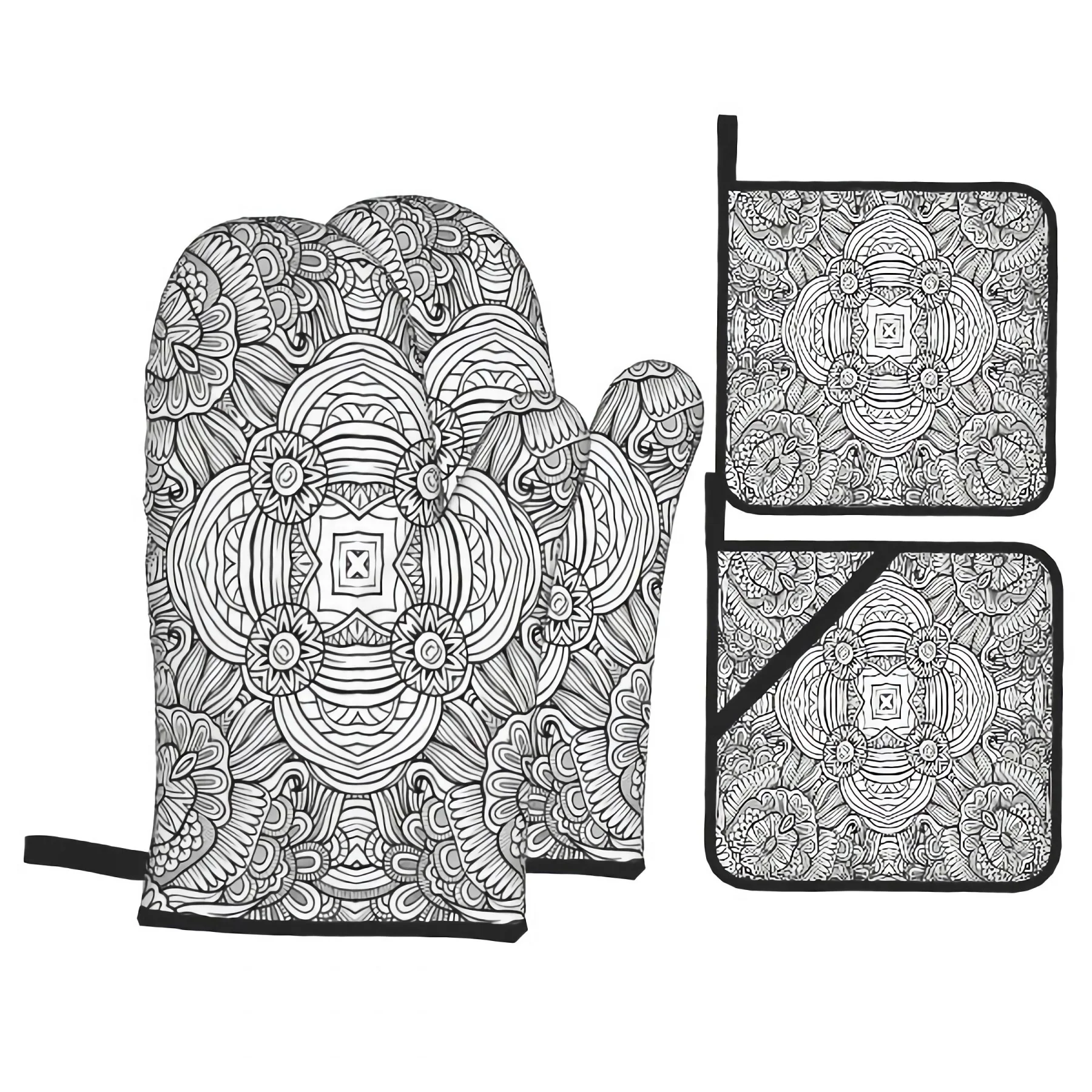 

Oven Mitts and Pot Holders Set - Ethnic Sketchy Kitchen Mittens with Potholders Surface for Baking Cooking BBQ