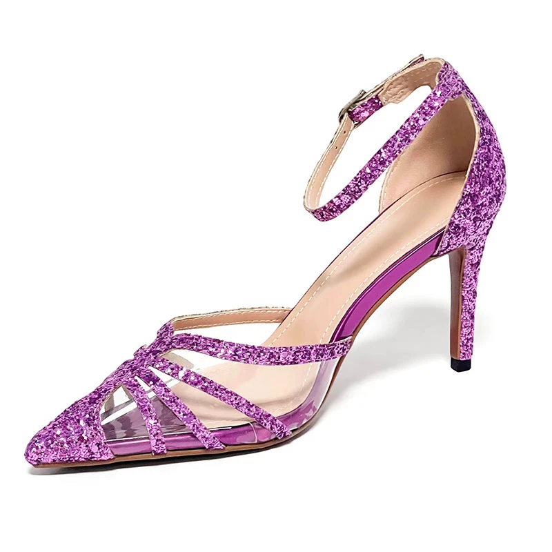 

Pointed Transparent PVC Sequins Women's Sandals Stiletto High Heels Buckle Solid Color Party Pumps Summer Big 42 Gladiator Shoes