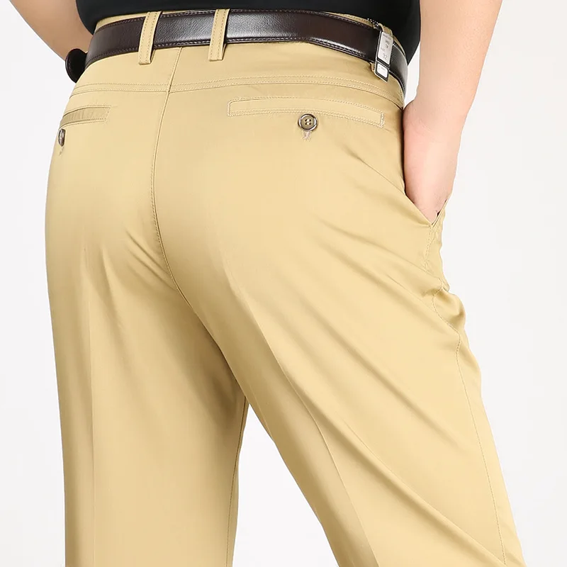 Khaki Suit Pants Men Summer Thin Business High Waist Long Trousers Straight  Ice Silk Cotton Dress Pants Male Formal Office Wear | АлиЭкспресс