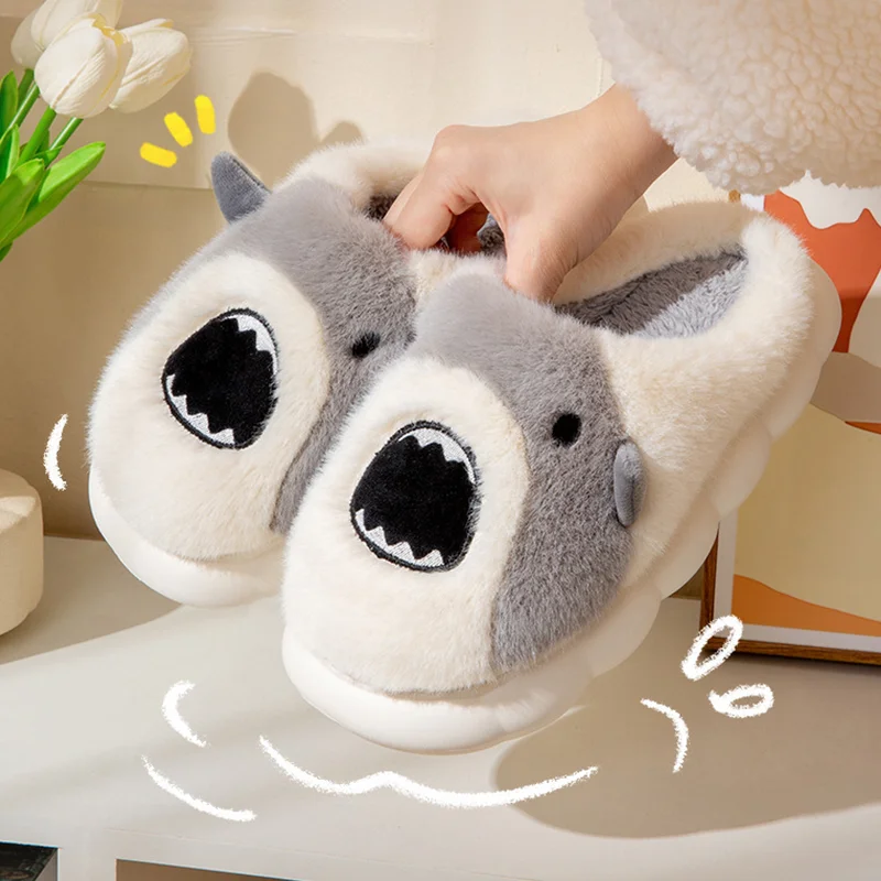 

Cute Shark Slippers Soft Comfortable Super Thick Sole Autumn Winter Keep Warm Cotton Slippers Couple Home Indoor Cartoon Slipper