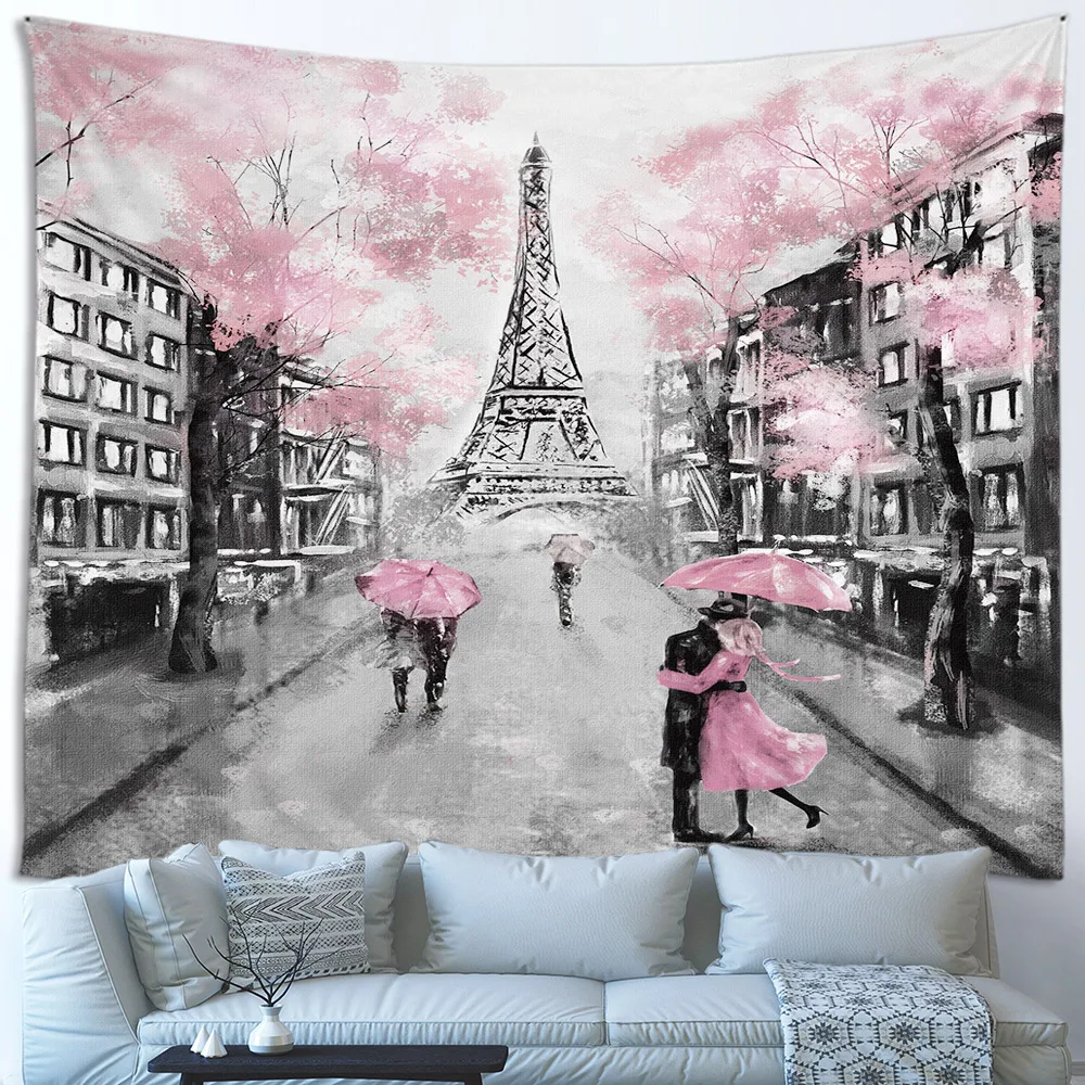 Винтажный гобелен в стиле Парижской башни черно-белый архитектурный красный