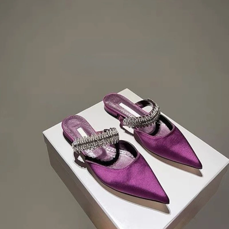 

Pointed Rhinestone High Heeled Women's Flat Satin Half Pack Slippers with Flat Bottoms and Full Diamond Slippers on The Outside