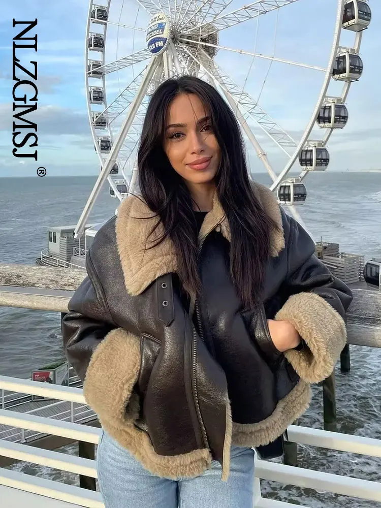 

Зимняя женская толстая винтажная куртка Nlzgmsj TRAF из искусственной кожи, Повседневная теплая байкерская куртка на молнии из овечьей шерсти, женская короткая верхняя одежда для дам