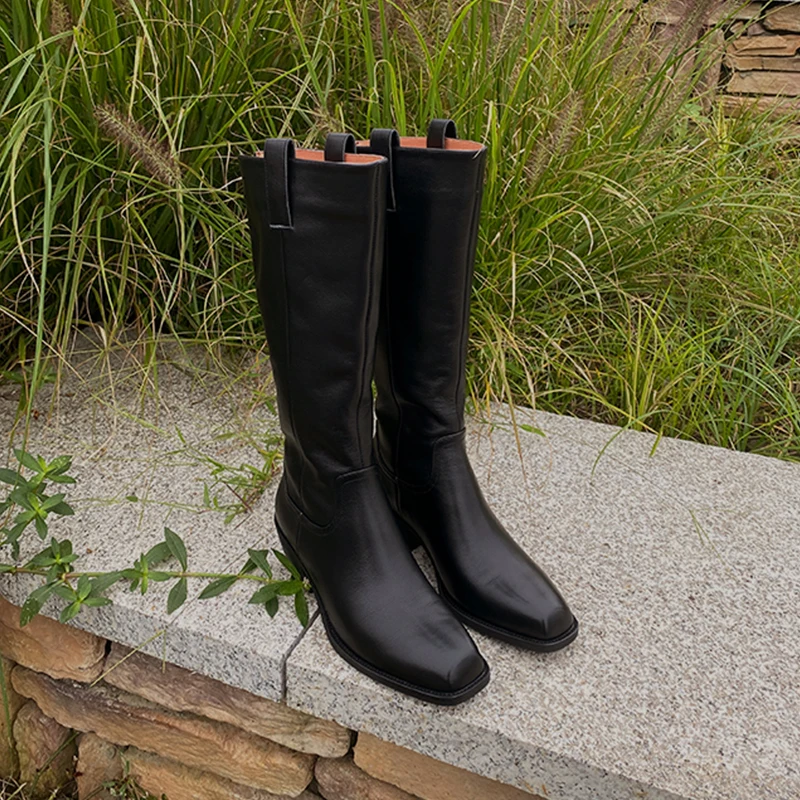 

Высокие сапоги Heihaian, новинка осень-зима 2023, корейские черные сапоги для поездок, кожаные сапоги на толстом каблуке с квадратным носком для женщин