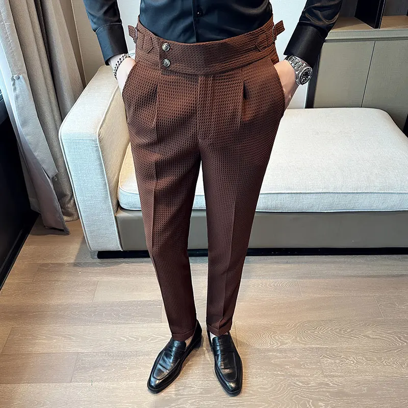 British Style Men Business Casual Dress Pants Men Belt Design Slim Trousers Formal Office Social Wedding Party Dress Suit Pant images - 6
