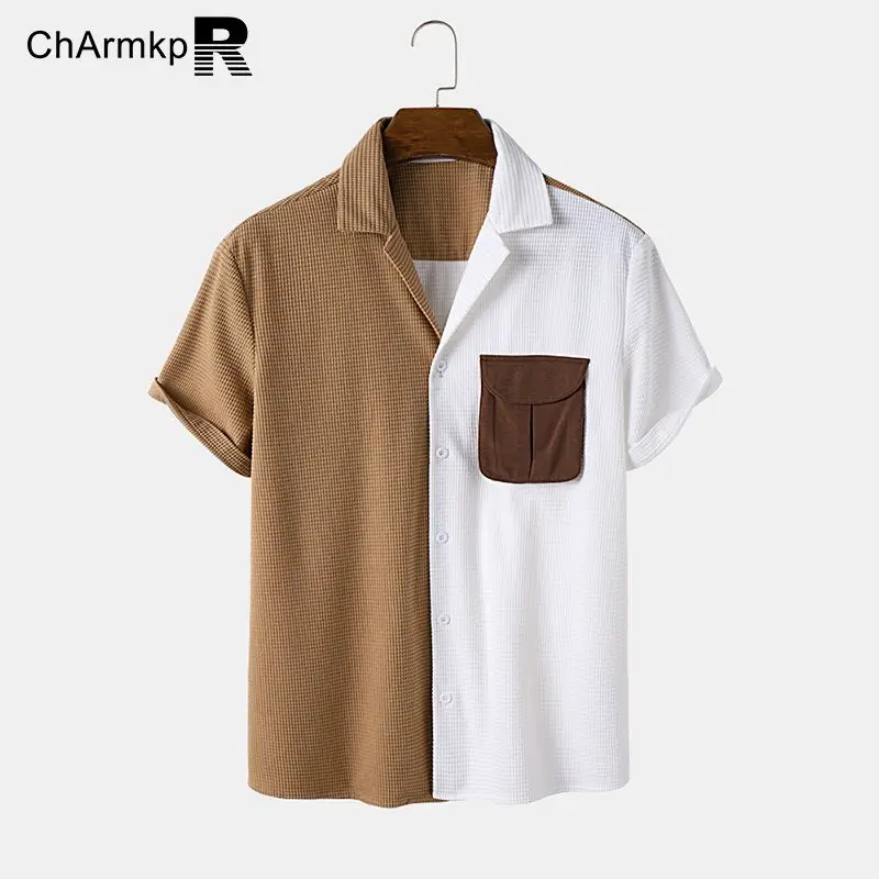 

ChArmkpR 2023 Chemises Mens Shirts Summer Lapel Short Sleeve Patchwork T Shirt Button Texture Shirt Casual Camisas Tops Oversize