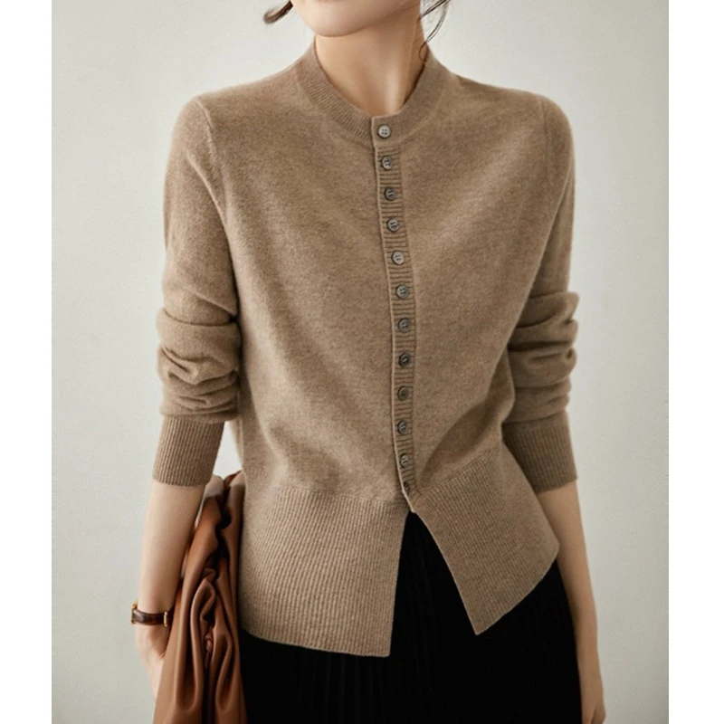 Retro Elegant Split Hem Sweater Outerwear Autumn and Winter New Loose Slimming round Neck Angora Knit cardigan Women