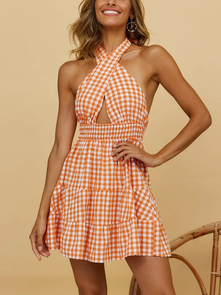 

Summer Clothes For Women Dresses 2022 Shirred Elastic Waist Gingham Check Casual Mini Dress Halter Sexy Backless Beach Dress