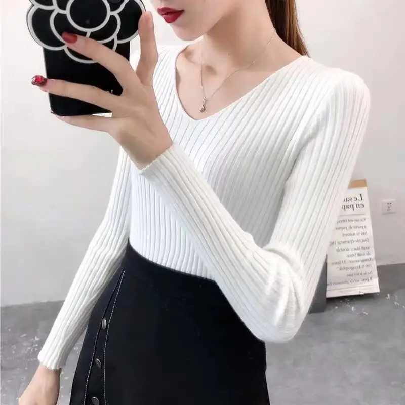 

Sweater women's small and versatile slim fit V-Neck long sleeve bottomed sweater low neck white red sweater inside Women long s