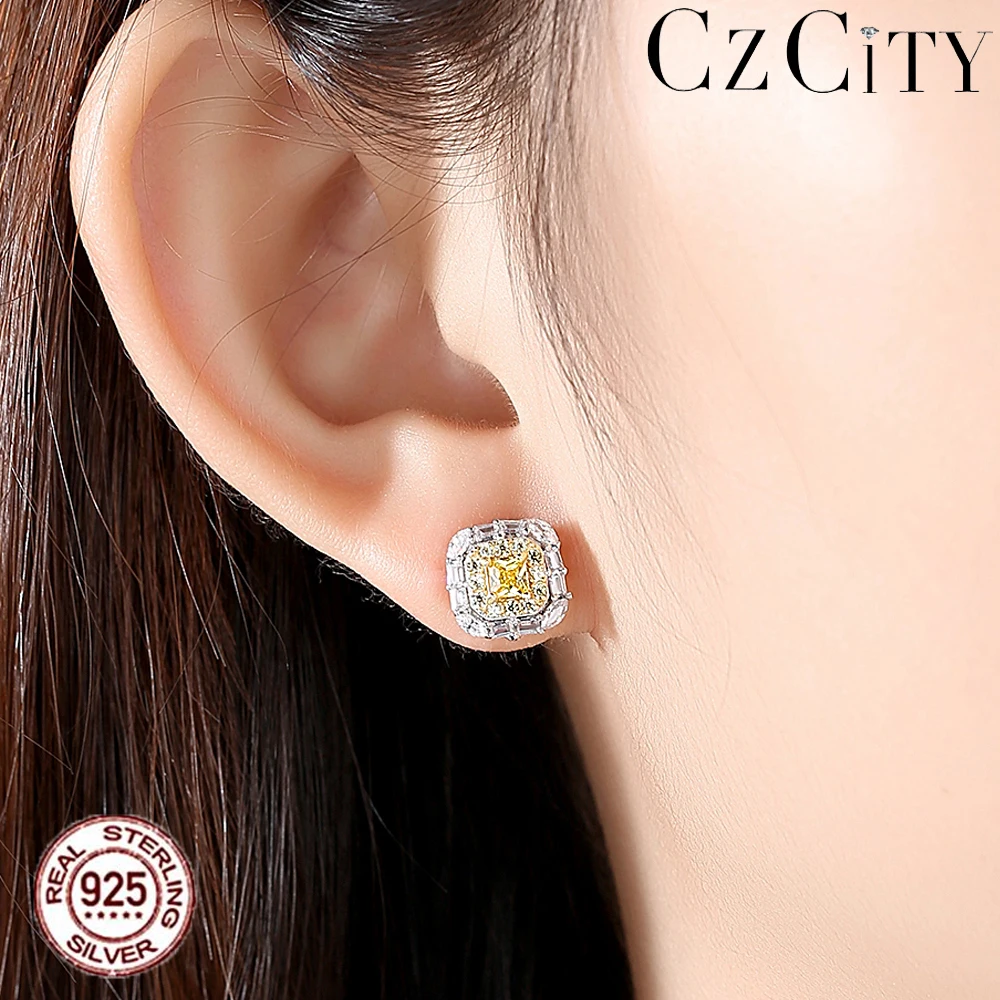 

CZCITY Earrings for Women 925 Silver Square Topaz Gemstone Stud Earrings Fine Wedding Trendy Classic Push Back Jewelry Gifts