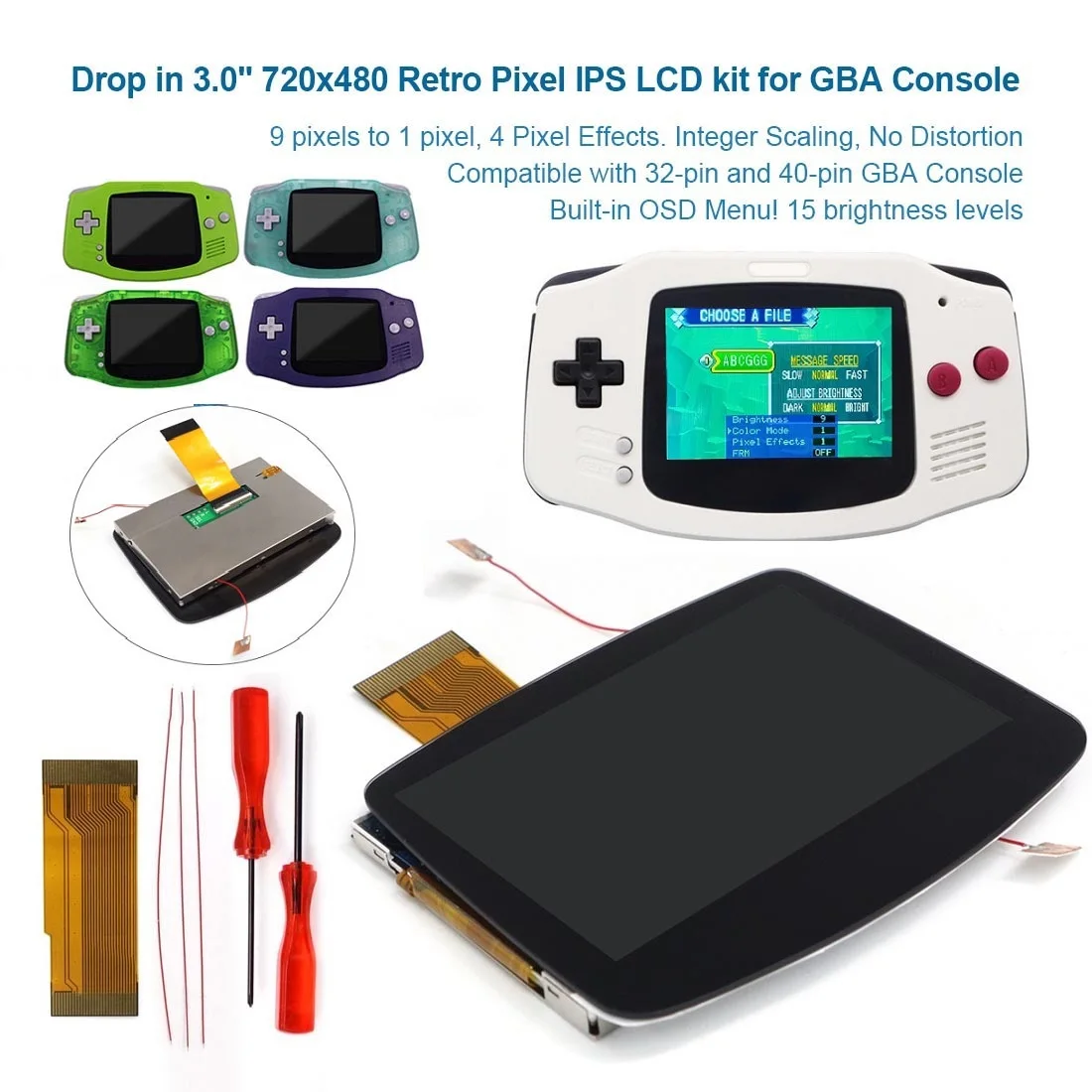 720x480 HD V5 Laminated Retro Pixel IPS Backlight LCD For GBA Console For Gameboy Advance IPS LCD With Custom Shell