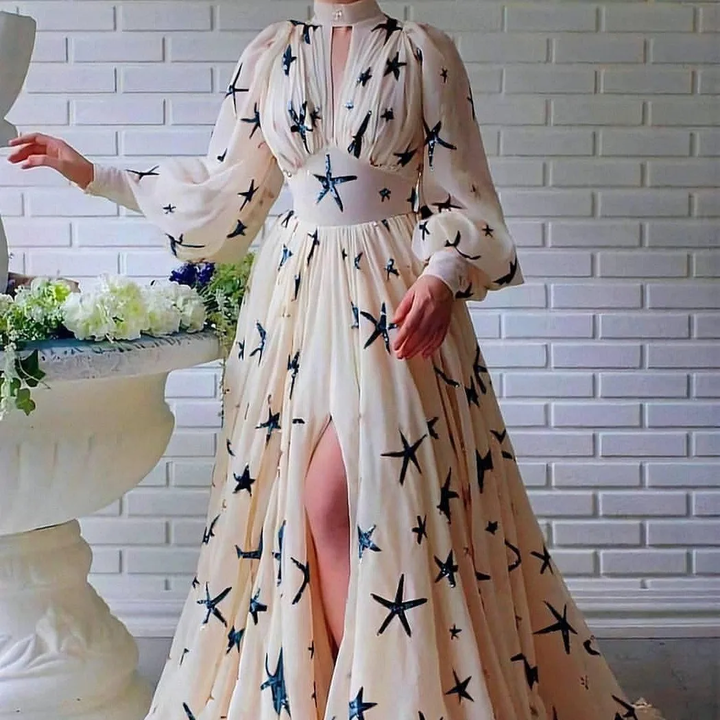 Women Print Chiffon Lantern Sleeve Party Dress 2023 New Long Stand Collar Corset Maxi Dress Female Elegant Formal Dresses