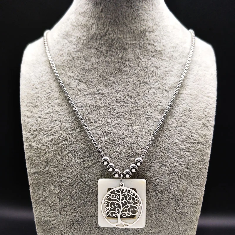 

Fashion Tree of Life Shell Stainless Steel Long Necklace Women Boho Silver Color Bead Necklace Jewelry colgantes N18525S08