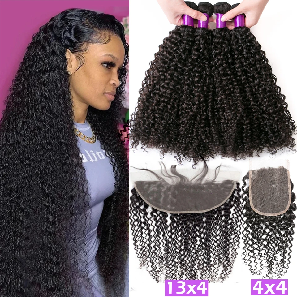 

Brazilian Kinky Curly Human Hair Bundles With Closure 8-40Inch Unprocessed Human Hair Bundle With Frontal for Women Factory Deal
