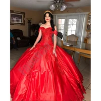 fairy red satin quinceanera dresses off the shoulder luxury prom vestido appliques beads sequin for 15 girls ball gown